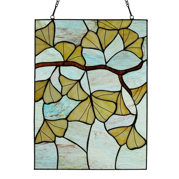 Stained glass panel with gingko leaf design in shades of yellows, available at Cerulean Arts.