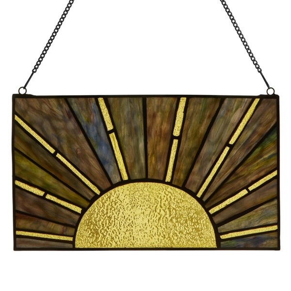 Stained glass panel with radiating sun design in shades of golds and yellows, available at Cerulean Arts.