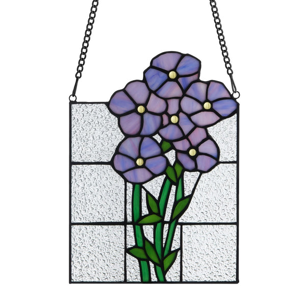 Stained glass panel with purple flowers and green leaves .
