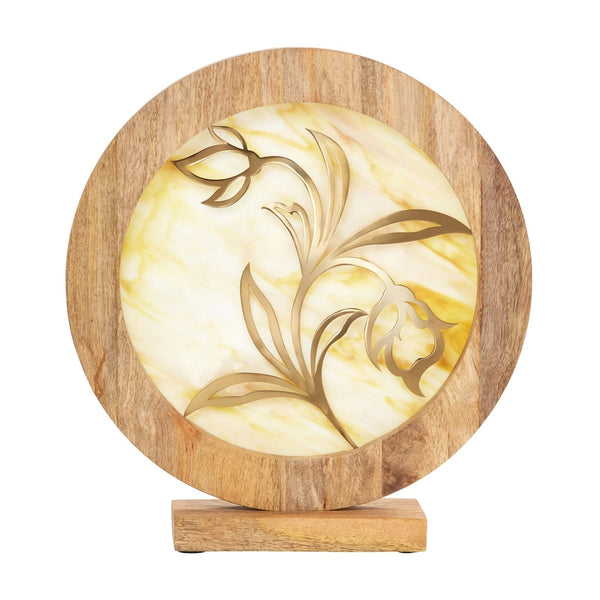 Yellow stained glass with wooden frame and metal floral design.