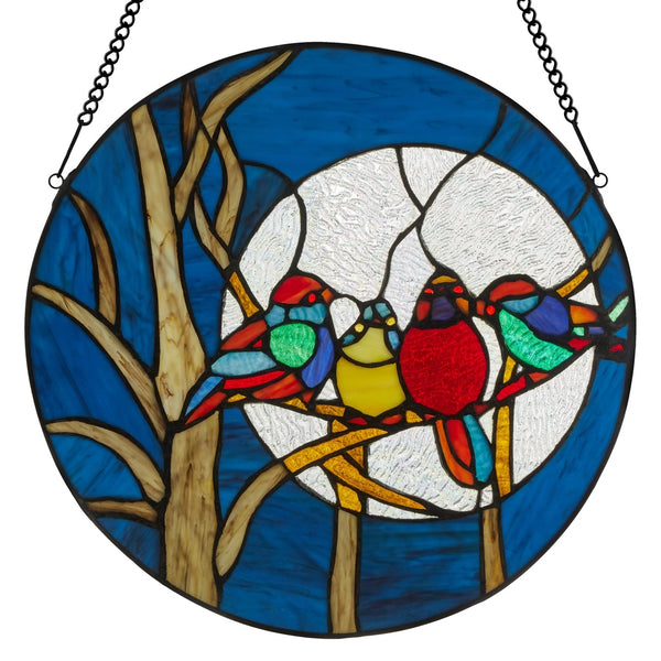 Stained glass panel with colorful birds on a branch against a blue sky.