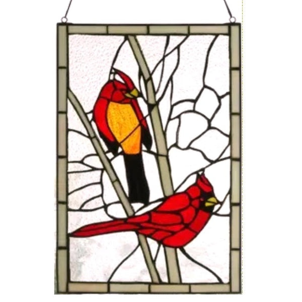 A stained glass hanging panel featuring two red cardinal birds perched among gray branches on a white textured background, framed by a gray brick-like border and suspended by a black chain.