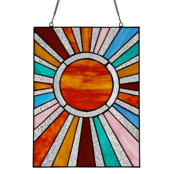 Stained glass panel of a sunburst in multicolors.