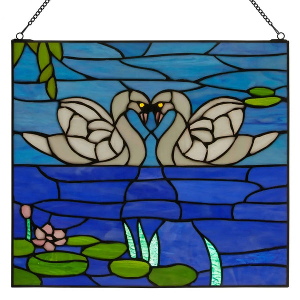 Tiffany-style stained glass hanging panel depicting two swans facing each other with lily pads and blue water, suspended by a black chain.