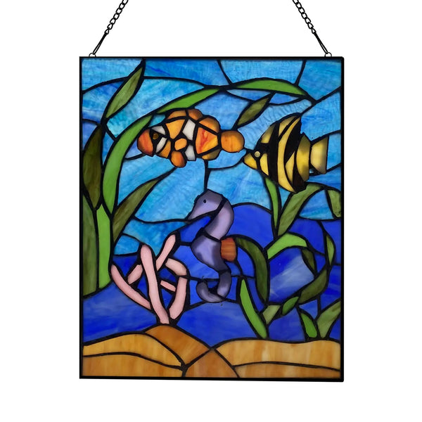 Stained glass panel with fish and coral on a blue background