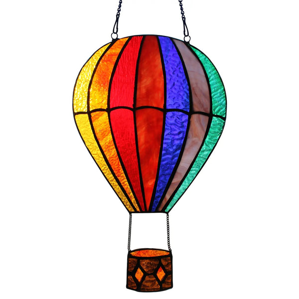 Stained glass hot air balloon in rainbow colors with suspended passenger basket.