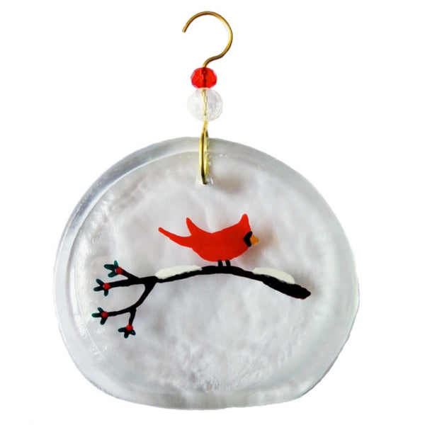 Clear glass suncatcher with red bird on a holly branch made from a recycled wine bottle available at Cerulean Arts. 