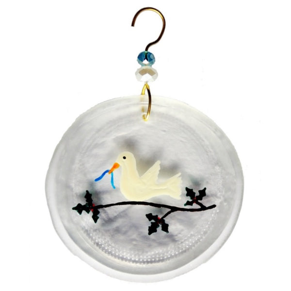 Clear glass suncatcher with white dove on a holly branch made from a recycled wine bottle available at Cerulean Arts.  
