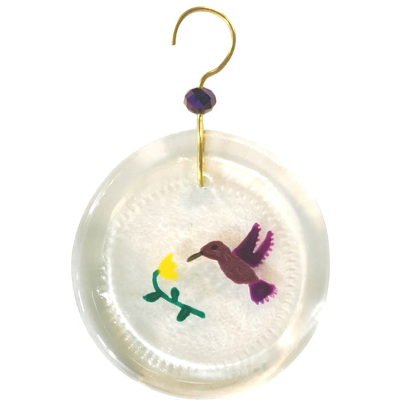 Mini glass suncatcher with purple hummingbird and yellow flower made from a recycled wine bottle available at Cerulean Arts. 