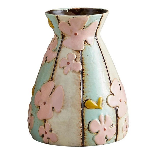 Pink flower stoneware vase with blue stripe and vintage finish available at Cerulean Arts. 