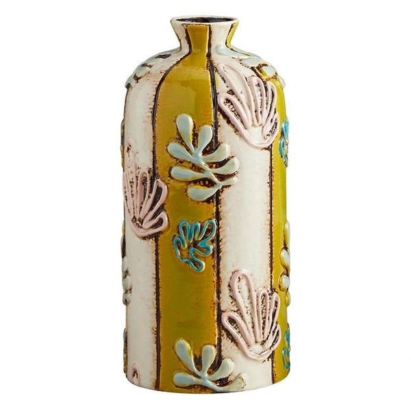 Yellow stripe stoneware vase with foliage design and vintage finish available at Cerulean Arts.