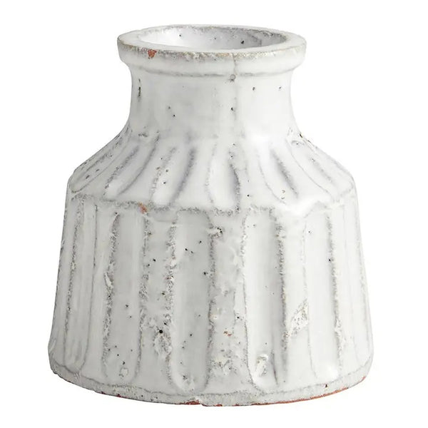 White ceramic flower pot with ribbed design, available at Cerulean Arts.