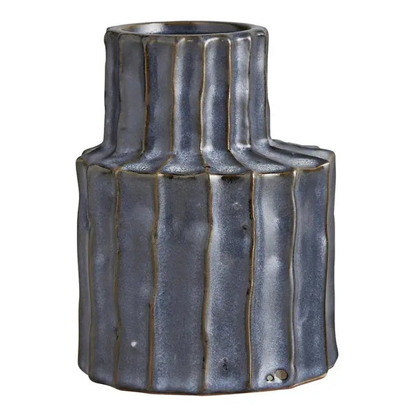 Gray glazed ceramic vase with vertical ridge design, available at Cerulean Arts.