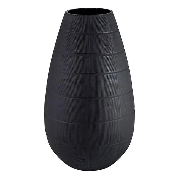 Matte black glass vase with scored  pattern, available at Cerulean Arts.