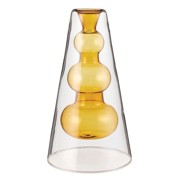 Yellow blue glass vase featuring three bubbles within an inverted cone, available at Cerulean Arts.