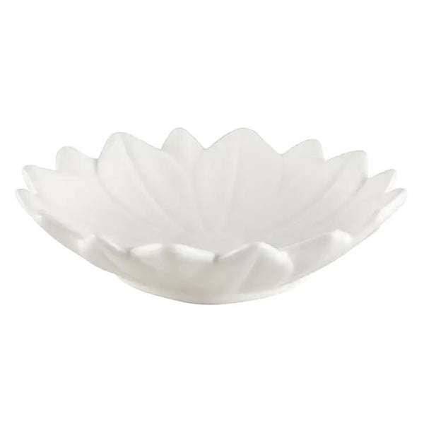 Carved white ceramic daisy tray for trinkets, available at Cerulean Arts.