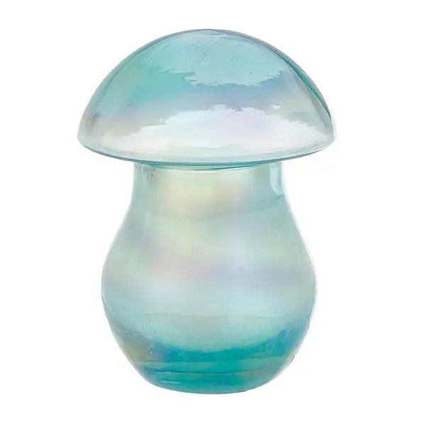 Glass candle holder featuring 2-piece mushroom design in iridescent blue, available at Cerulean Arts.