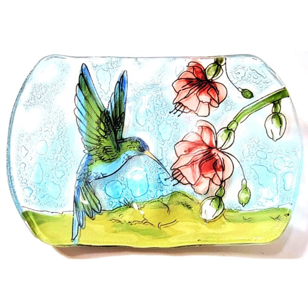 Fused glass soap dish featuring a hummingbird with flowers, available at Cerulean Arts.