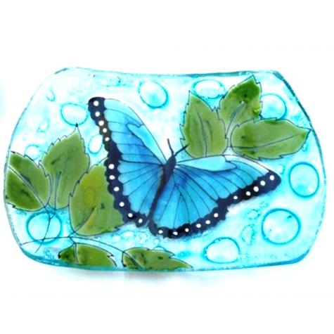 Fused glass soap dish featuring a blue butterfly available at Cerulean Arts.