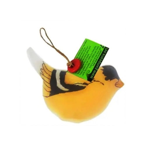 Fused glass bird suncatcher featuring a goldfinch in profile, available at Cerulean Arts.