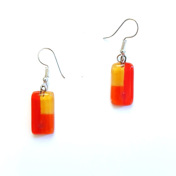 Fused glass rectangle earrings in a mix of colors available at Cerulean Arts.