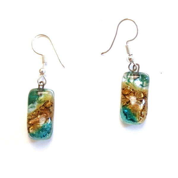 Fused glass rectangle earrings in a mix of colors available at Cerulean Arts.