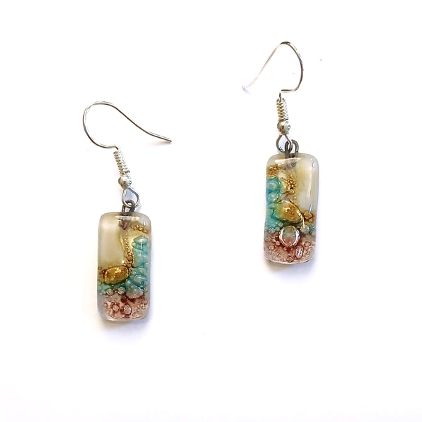 Fused glass rectangle earrings in a mix of colors available at Cerulean Arts.