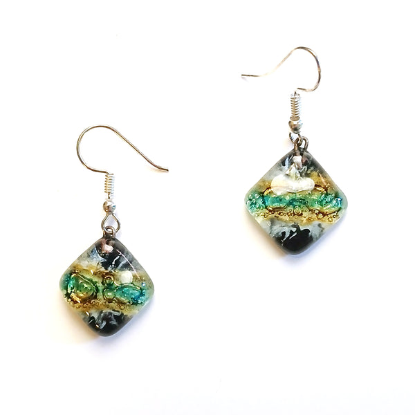 Fused glass diamond shaped earrings in a mix of colors available at Cerulean Arts.