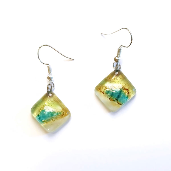 Fused glass diamond shaped earrings in a mix of colors available at Cerulean Arts.