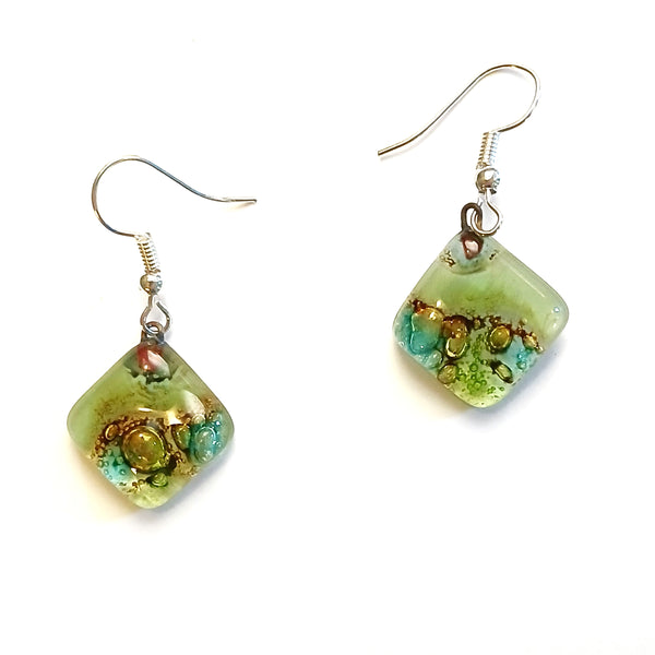 Fused glass diamond shaped earrings in a mix of colors available at Cerulean Arts.