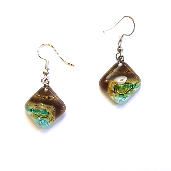 Fused glass diamond shaped earrings in a mix of colors available at Cerulean Arts.