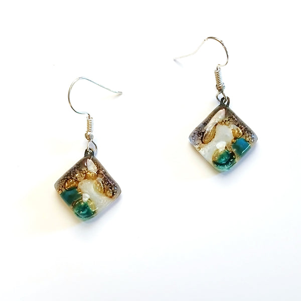 Fused glass diamond shaped earrings in a mix of colors available at Cerulean Arts.