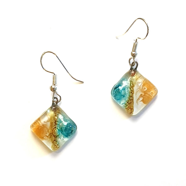 Fused glass diamond shaped earrings in a mix of colors available at Cerulean Arts.