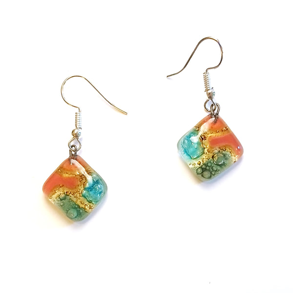 Fused glass diamond shaped earrings in a mix of colors available at Cerulean Arts.