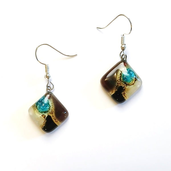 Fused glass diamond shaped earrings in a mix of colors available at Cerulean Arts.