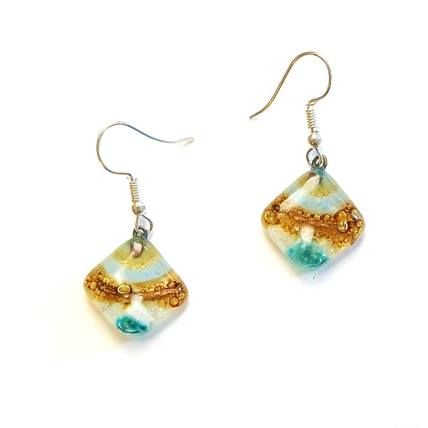 Fused glass diamond shaped earrings in a mix of colors available at Cerulean Arts.