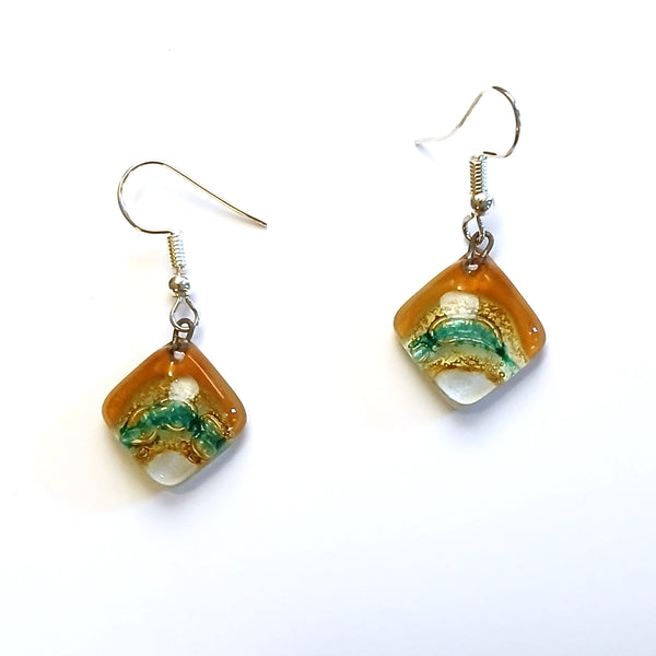 Fused glass diamond shaped earrings in a mix of colors available at Cerulean Arts.