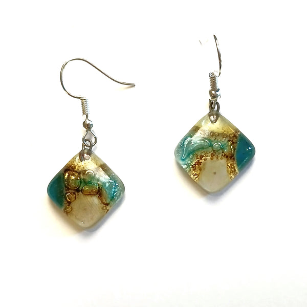 Fused glass diamond shaped earrings in a mix of colors available at Cerulean Arts.