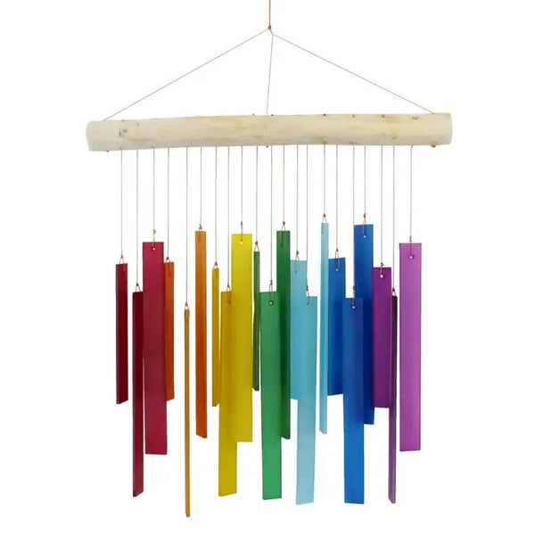 Tumbled glass wind chime with long rectangles in colors of the rainbow, available at Cerulean Arts.
