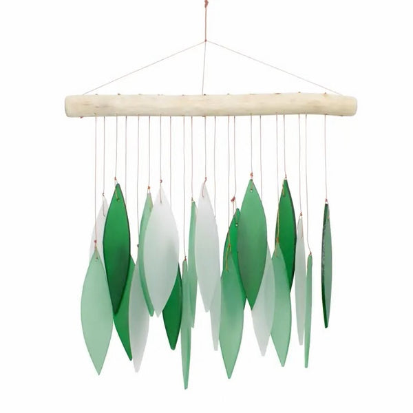 Decorative hanging wind chime with green and white leaf shapes
