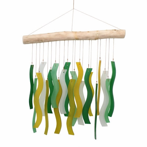 Decorative wind chime with green, yellow, and white wavy glass ribbons hanging from a wooden rod
