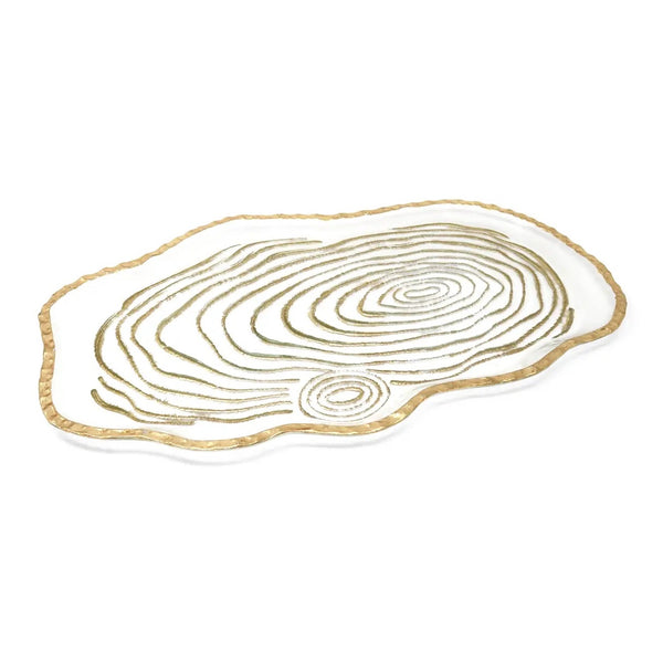 Glass serving tray with wood grain texture embellished with gold growth rings available at Cerulean Arts.  