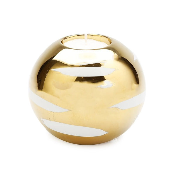 Gold finished round ceramic tealight holder embellished with white brushstroke design available at Cerulean Arts. 