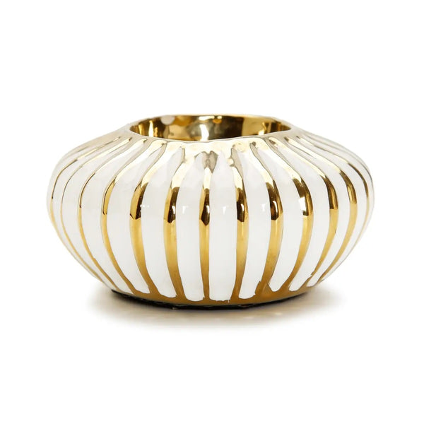 White ribbed ceramic tealight holder embellished with gold stripe design available at Cerulean Arts. 