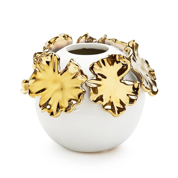 White ceramic bud vase featuring gold sculpted flower design available at Cerulean Arts.