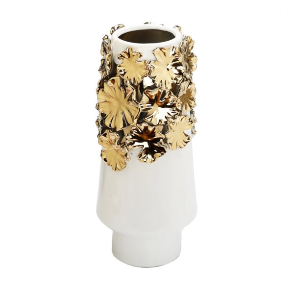 White ceramic vase featuring gold sculpted flower design available at Cerulean Arts.  