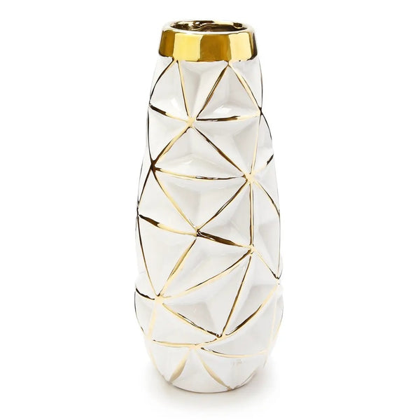 White and gold ceramic vase featuring a sculpted geometric design and gold rim available at Cerulean Arts.
