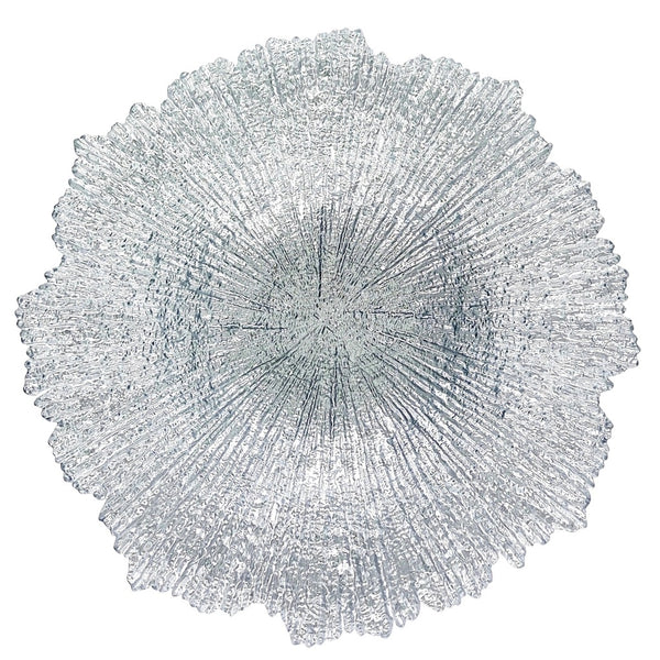 Hand-gilded glass centerpiece bowl in silver featuring a radial texture and free-form edge available at Cerulean Arts.  