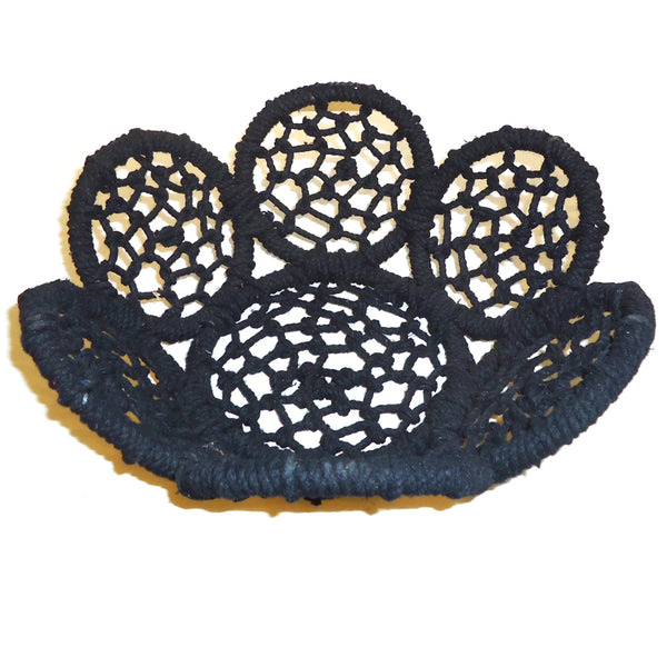 Small woven jute basket with black flower pattern available at Cerulean Arts.  