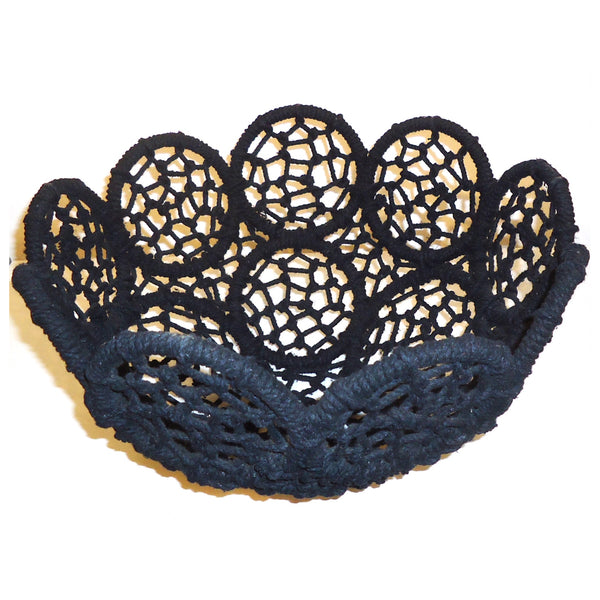 Medium woven jute basket with black flower pattern available at Cerulean Arts.  